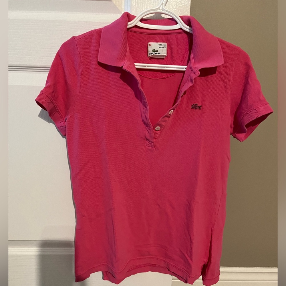 Woman’s Lacoste Vintage Washed Polo top. Fuchsia. Size 40.